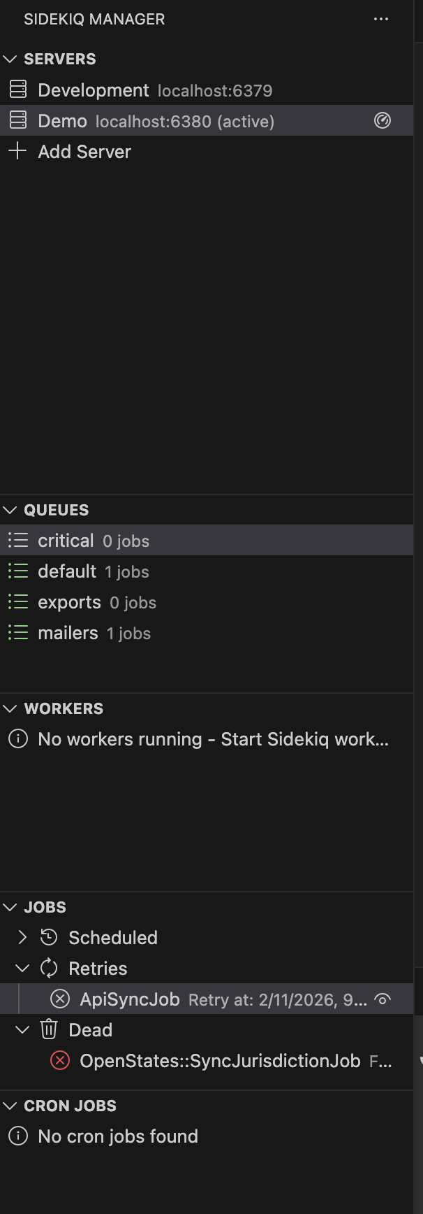 Sidekiq Manager sidebar overview in VS Code